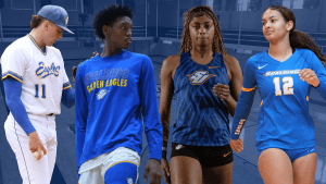 Four Spalding student athletes are pictured in uniform: baseball player, basketball player, track and field athlete and female volleyball athlete